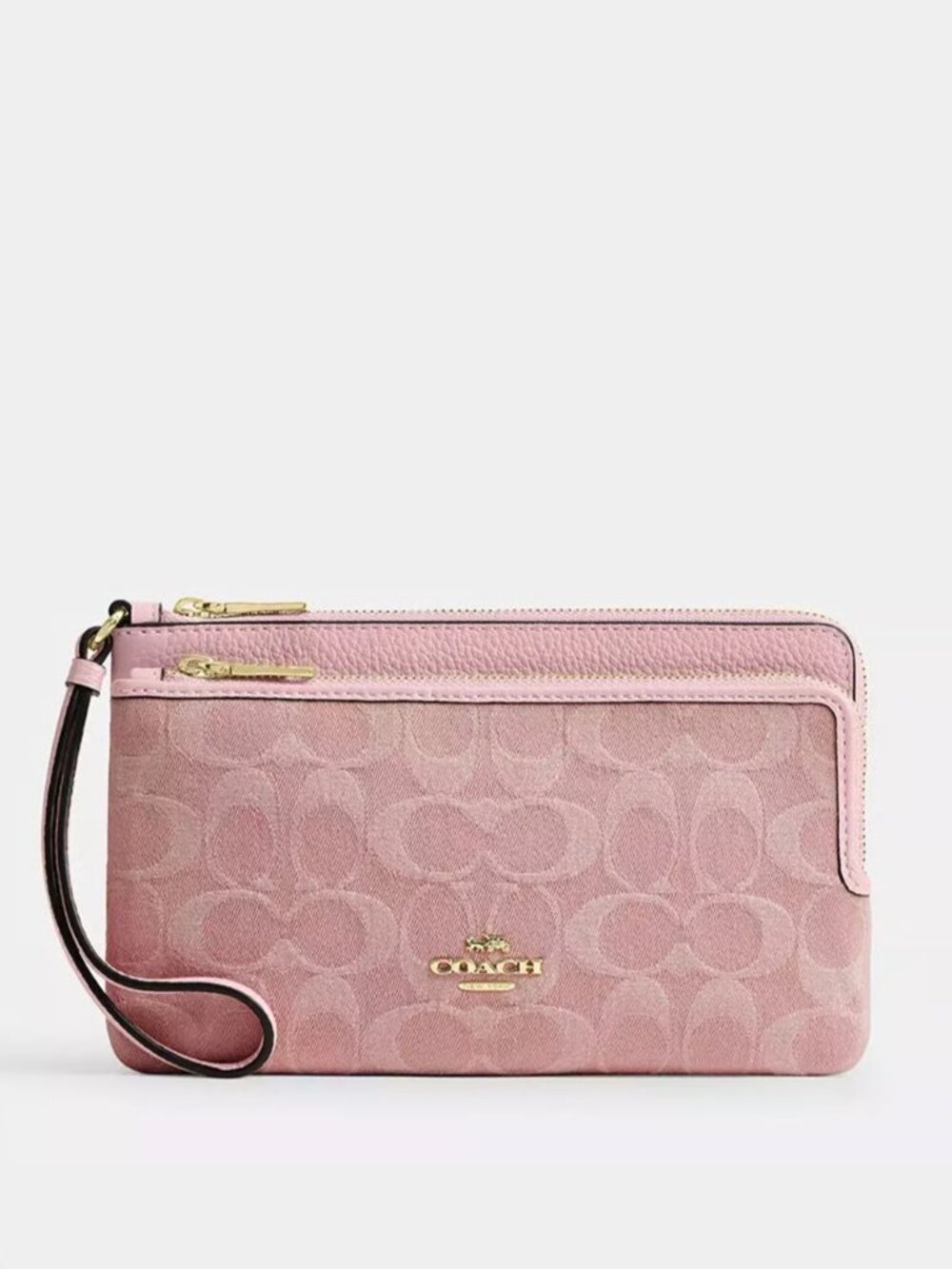 Coach Double Zip Wallet Wristlet In Signature Denim Light Pink CDN22